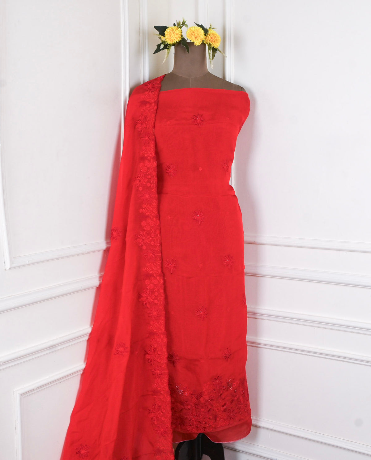 Organza Red Unstitched Suit