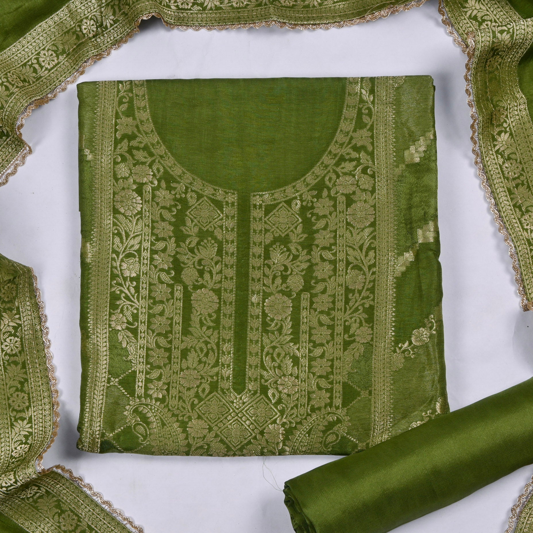 Banarasi Olive Green Unstitched Suit