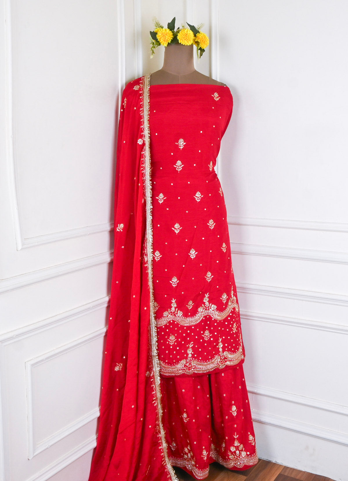 Khadi Red Unstitched Lehenga Suit