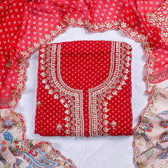 Organza Red Unstitched Suit
