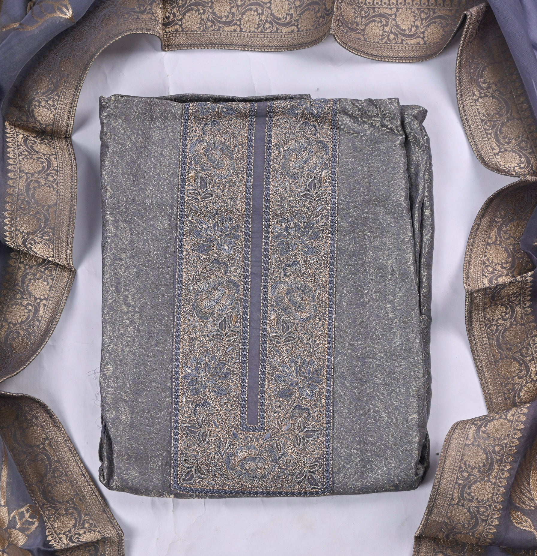 Banarasi Silk Grey Unstitched Suit