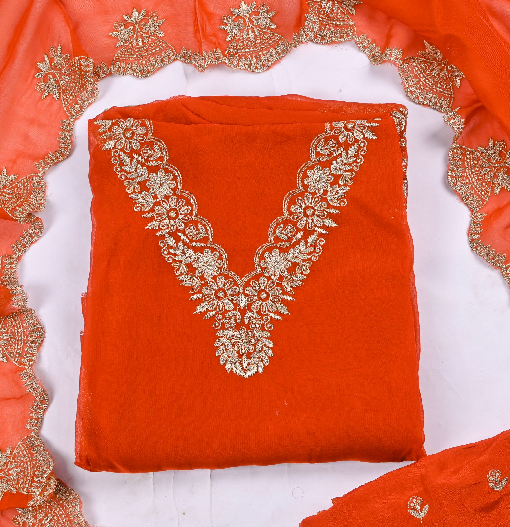 Organza Orange Unstitched Suit