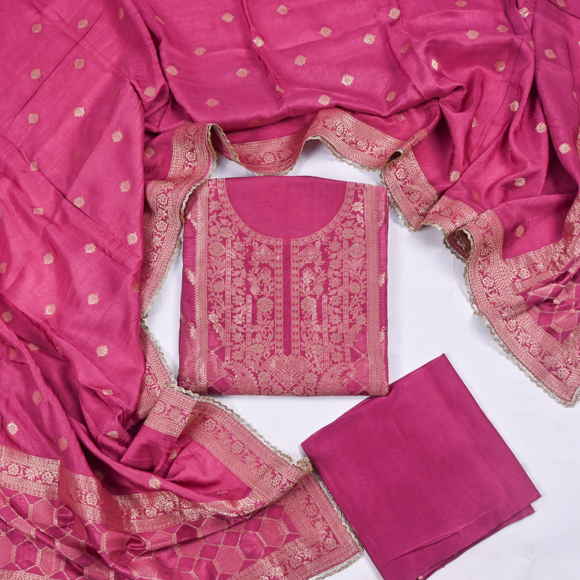 Banarasi Pink Unstitched Suit