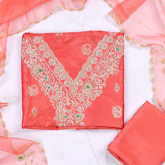 Banarasi Silk Peach Unstitched Suit
