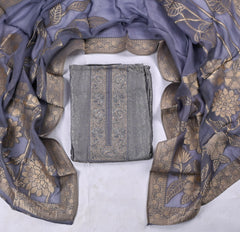 Banarasi Silk Grey Unstitched Suit