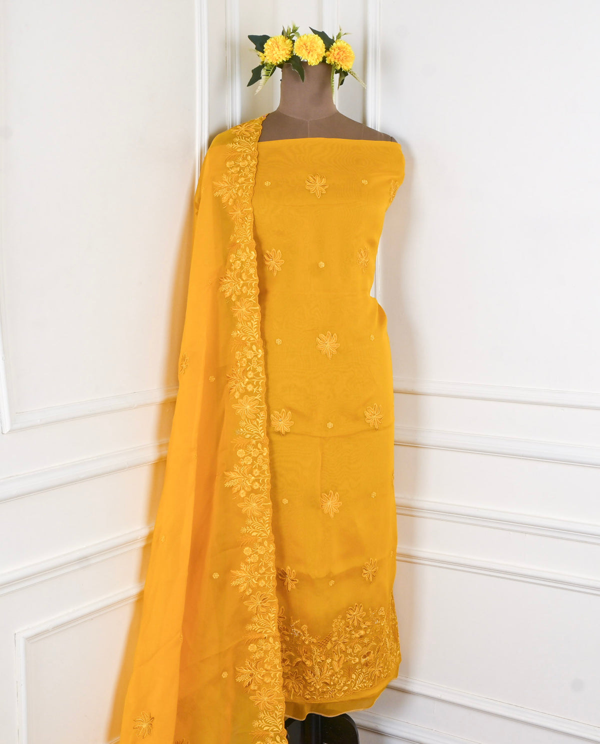 Organza Yellow Unstitched Suit