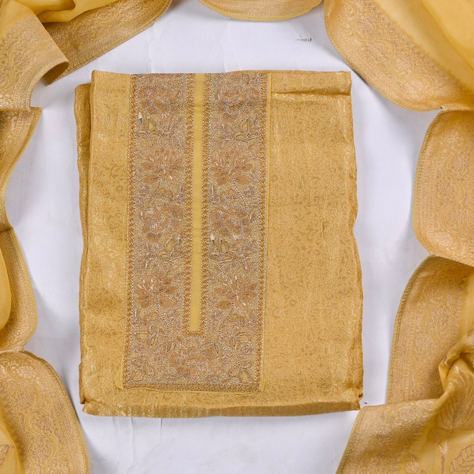 Banarasi Silk Yellow Unstitched Suit