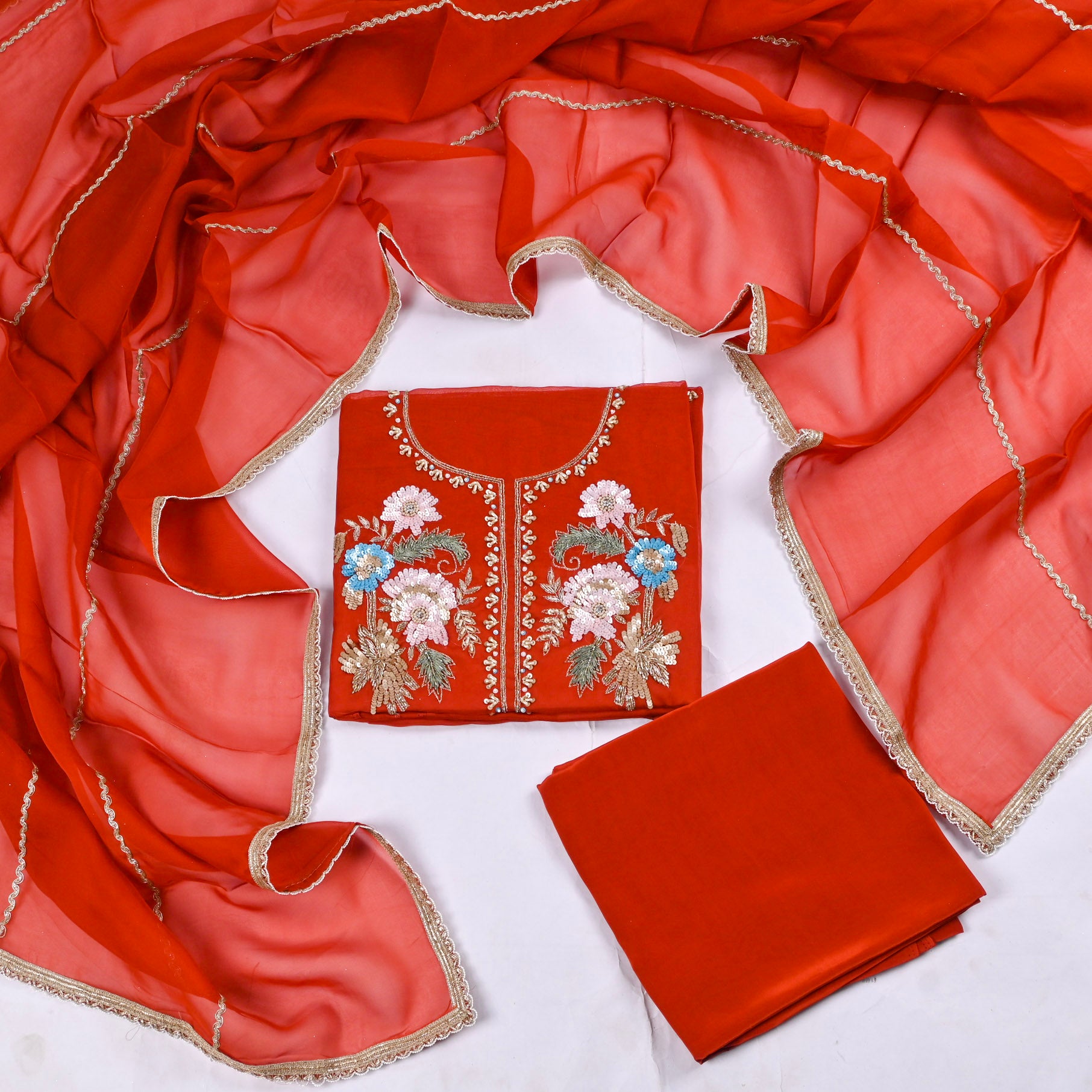 Organza Rust Unstitched Suit