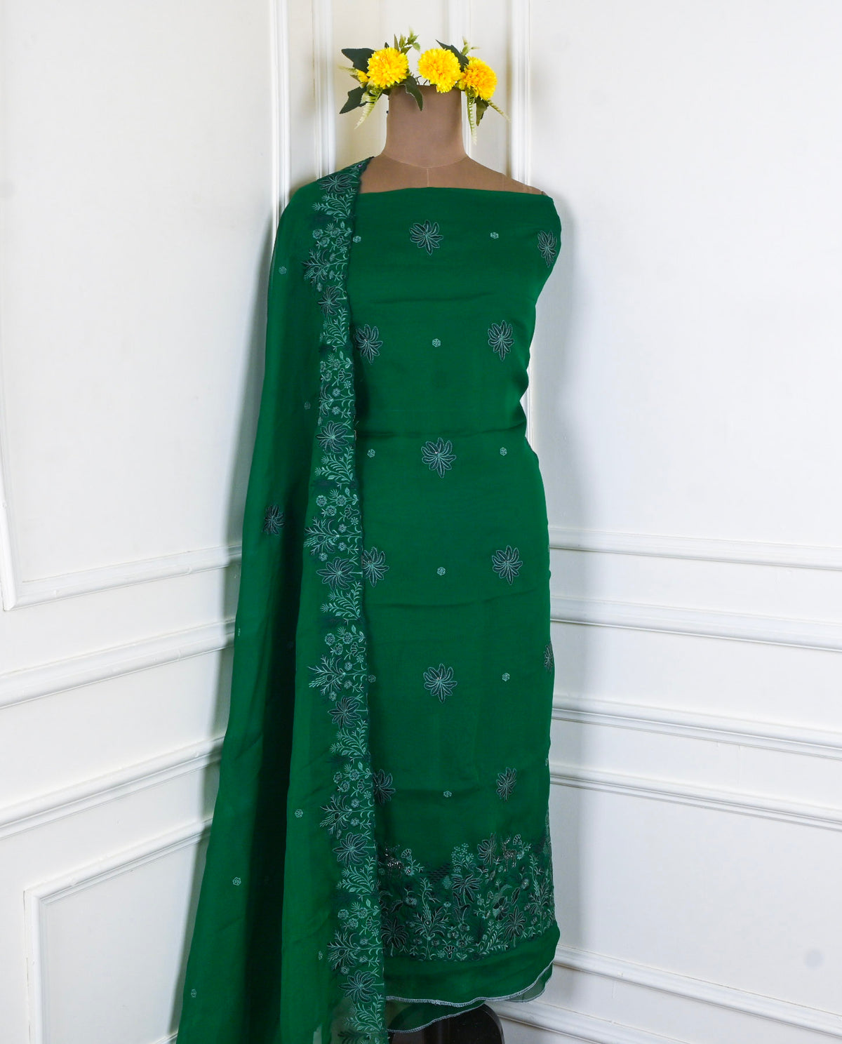 Organza Green Unstitched Suit