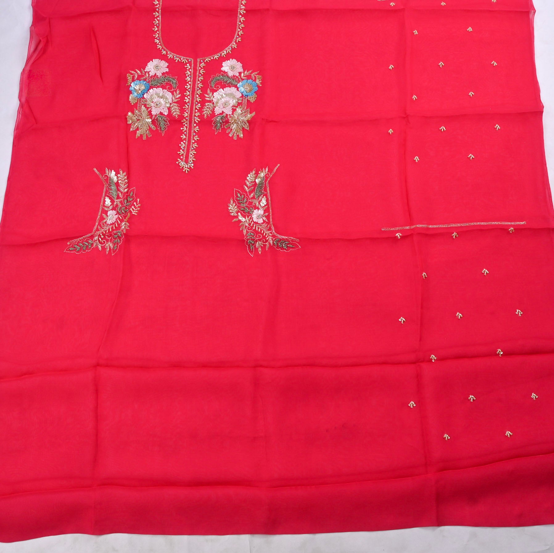 Organza Red Unstitched Suit