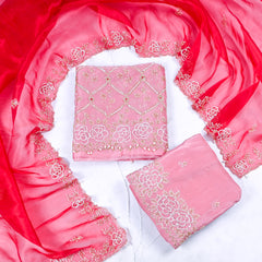 Glass Tissue Pink Unstitched Lehenga Suit