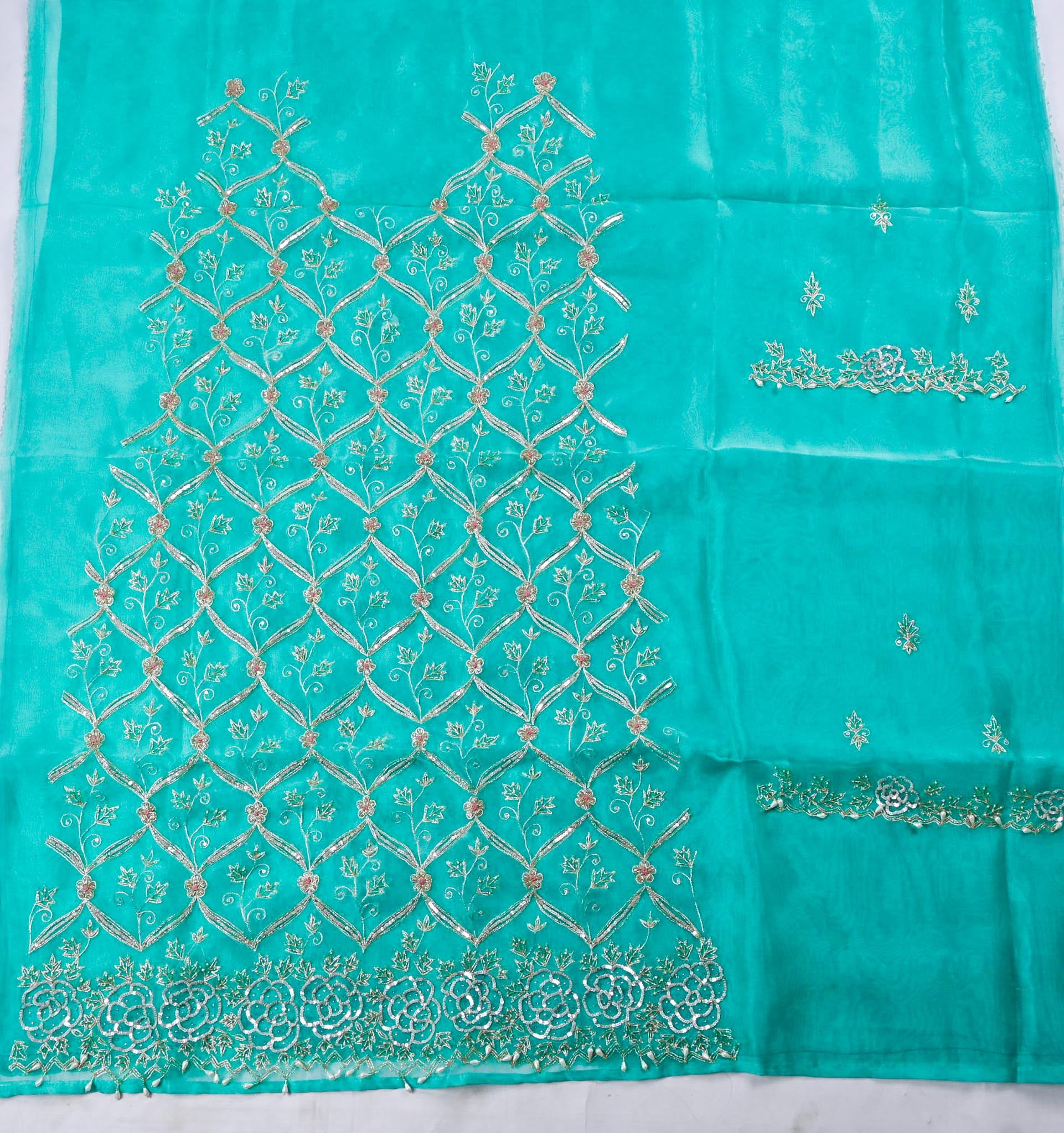 Glass Organza Ferozi Unstitched Suit