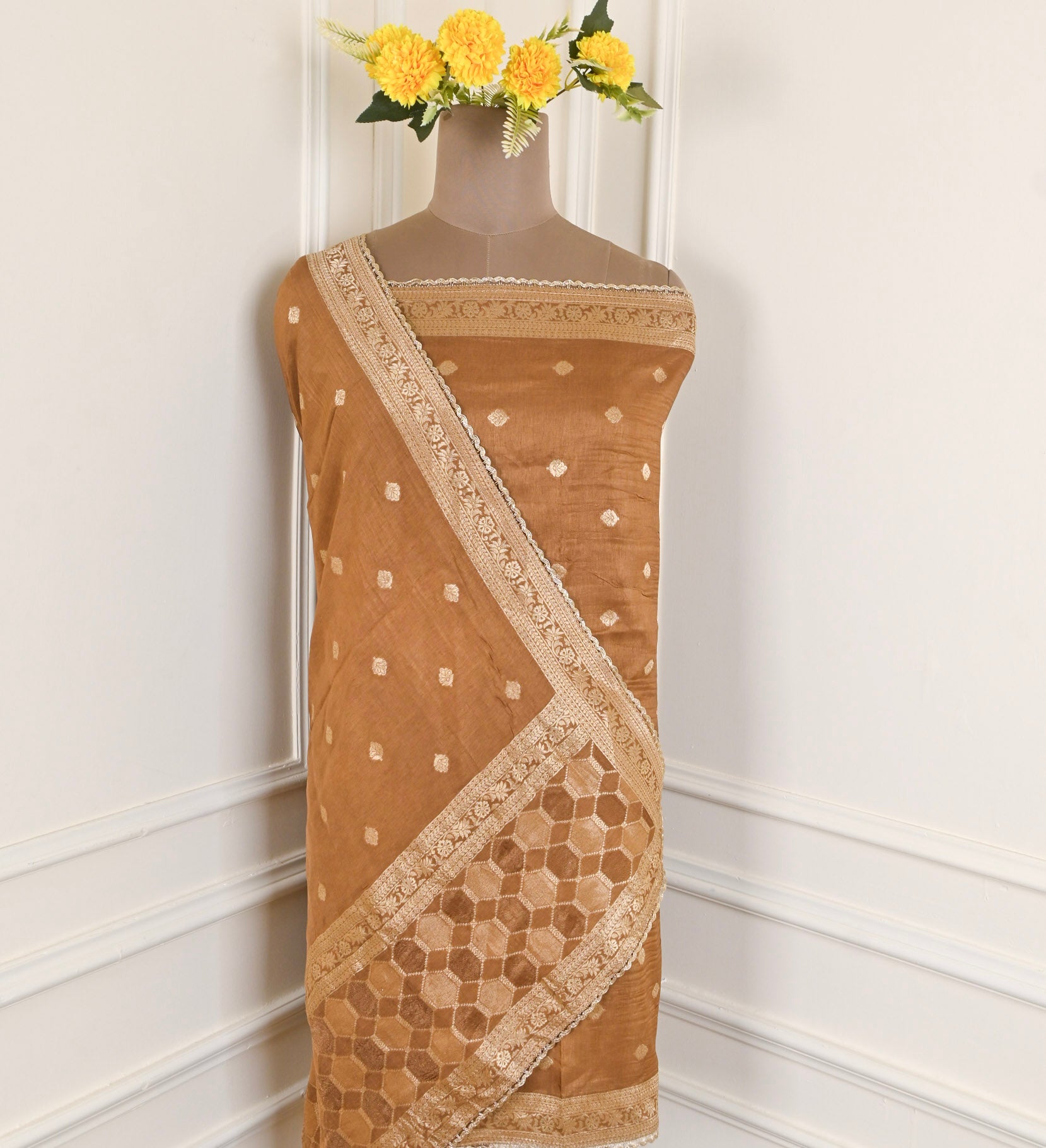 Banarasi Brown Unstitched Suit