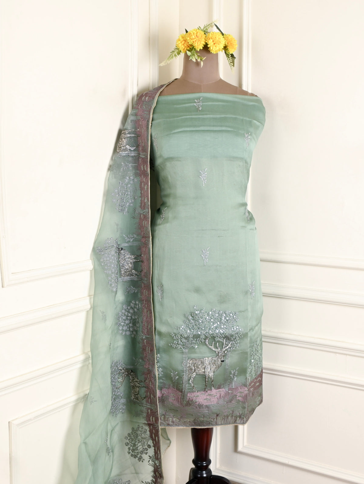 Organza Pista Green Unstitched Suit