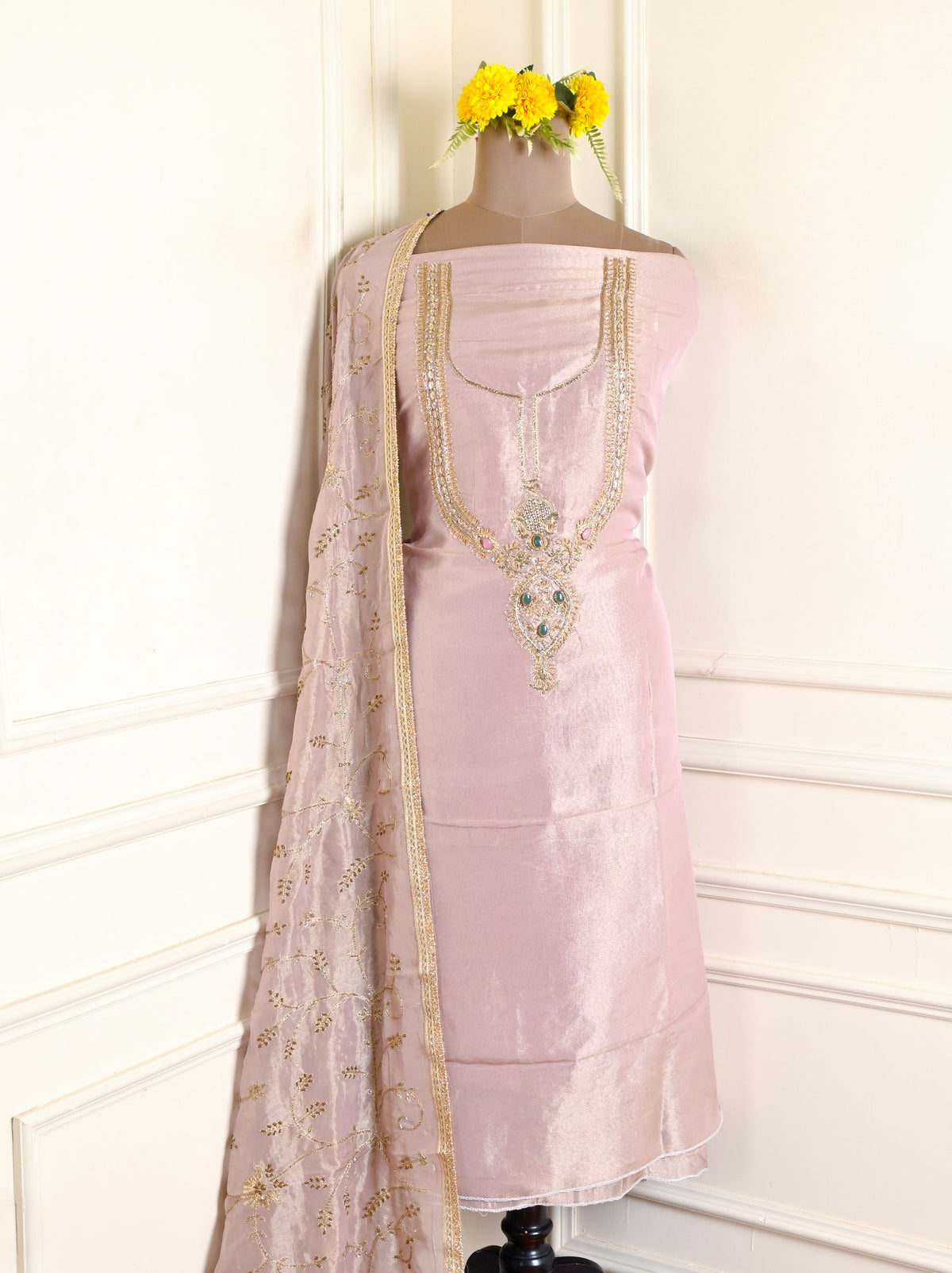 Tissue Shimmer Onion Pink Unstitched Suit
