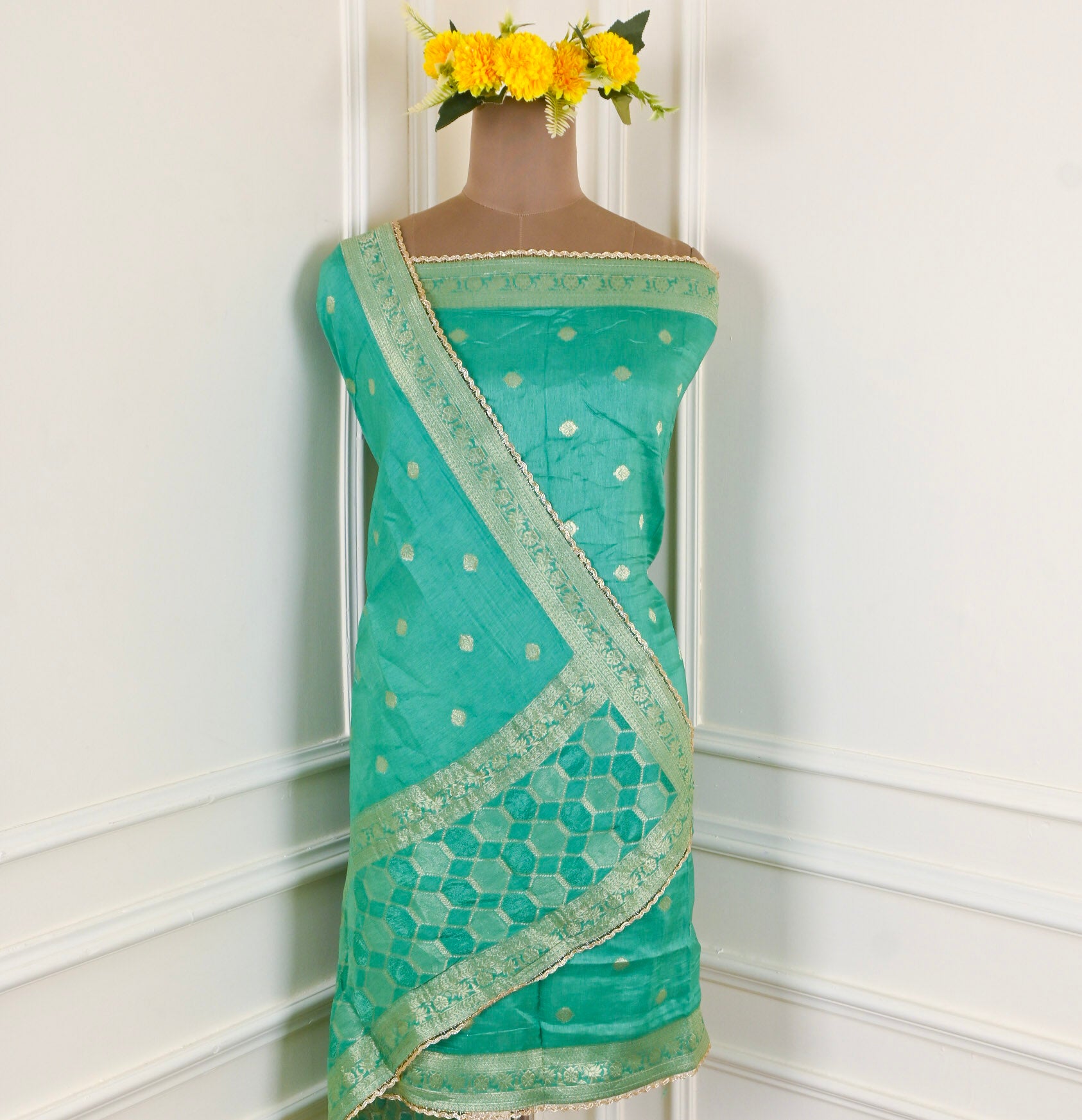Banarasi Sea Green Unstitched Suit