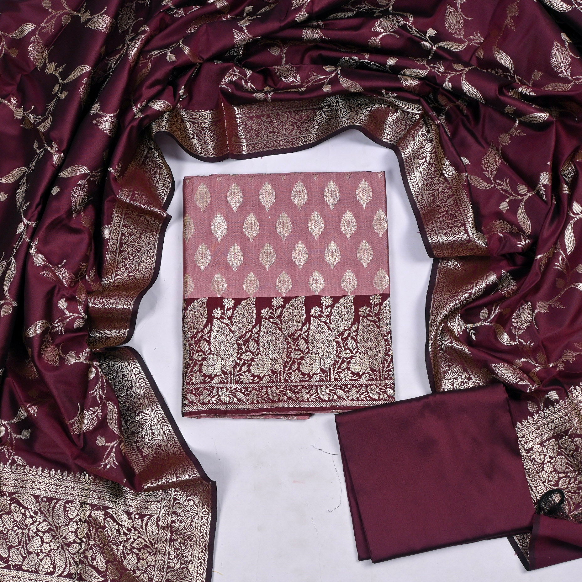 Banarasi Silk Pink Unstitched Suit
