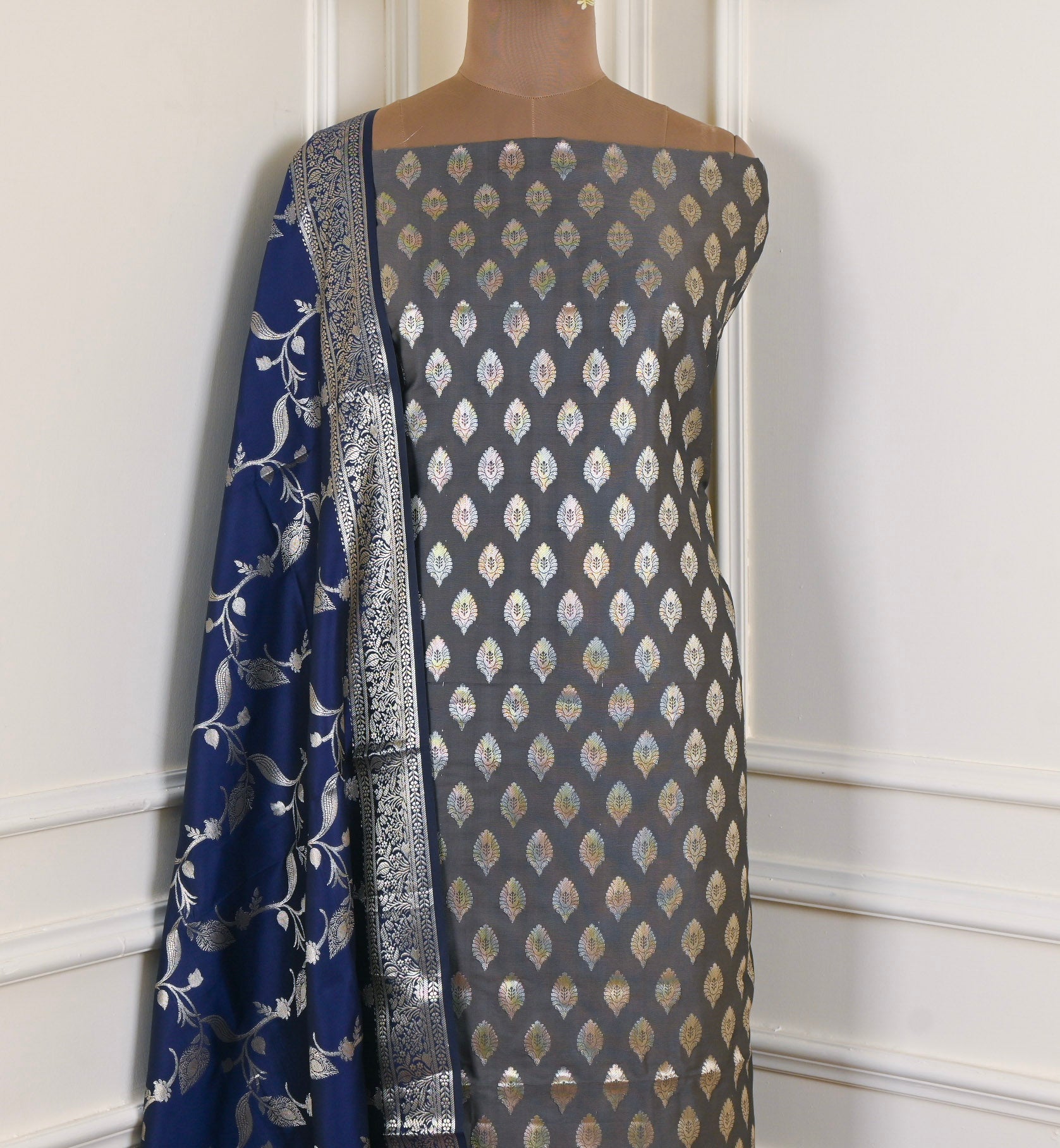 Banarasi Silk Grey Unstitched Suit