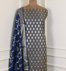 Banarasi Silk Grey Unstitched Suit