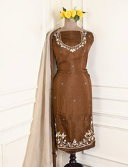 Organza Silk Brown Unstitched Suit