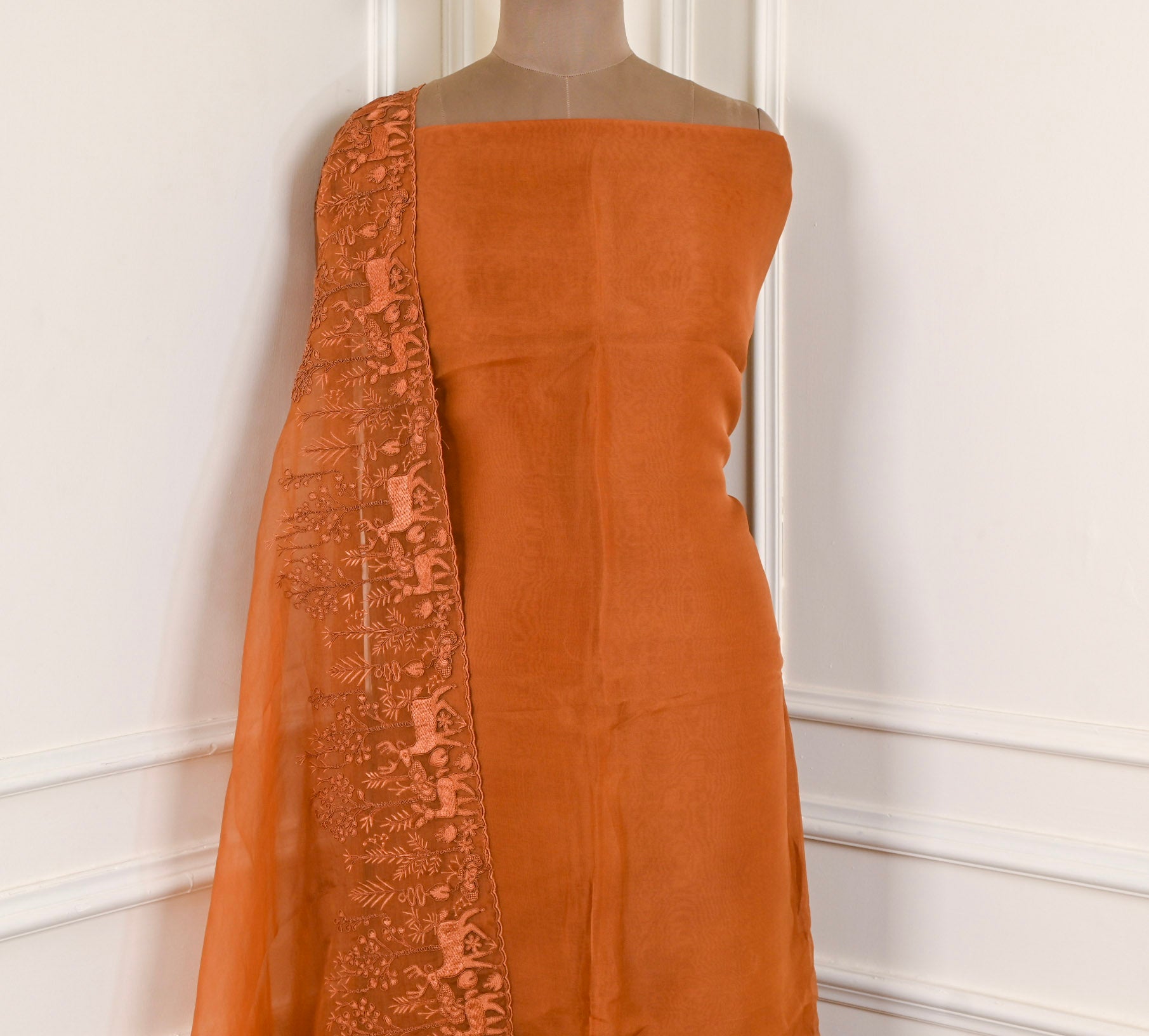 Organza Brown Unstitched Suit