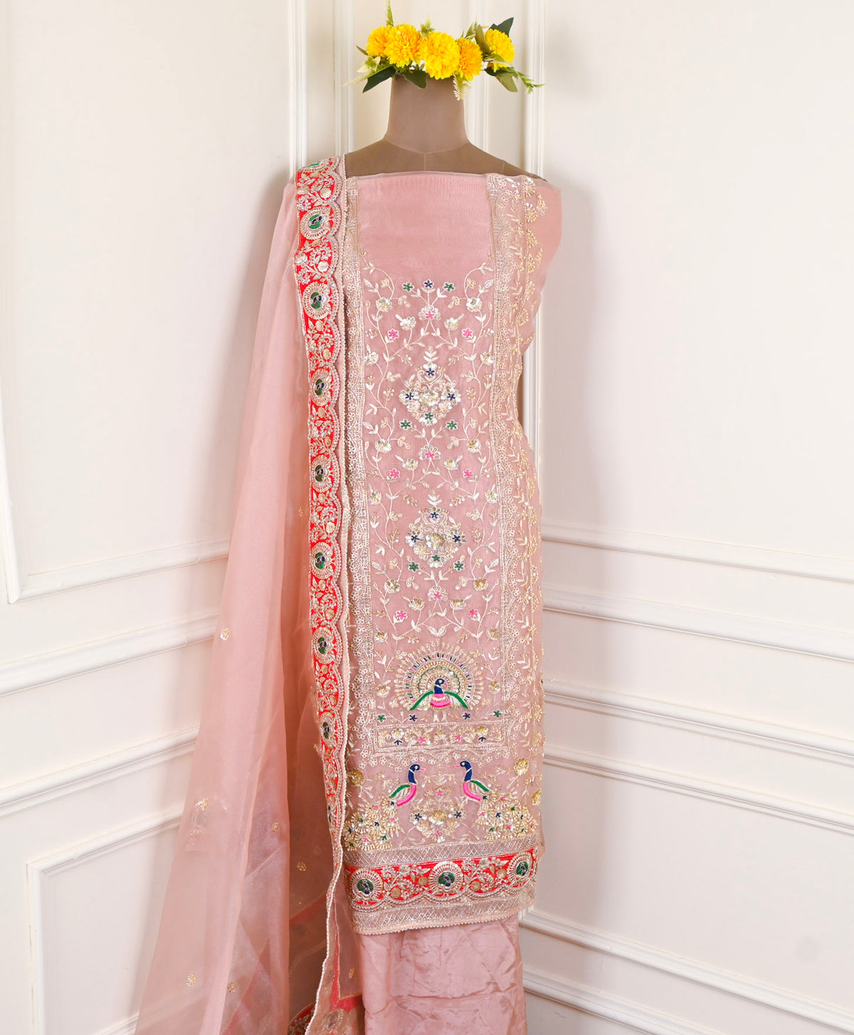 Glass Shimmer Baby Pink Unstitched Suit