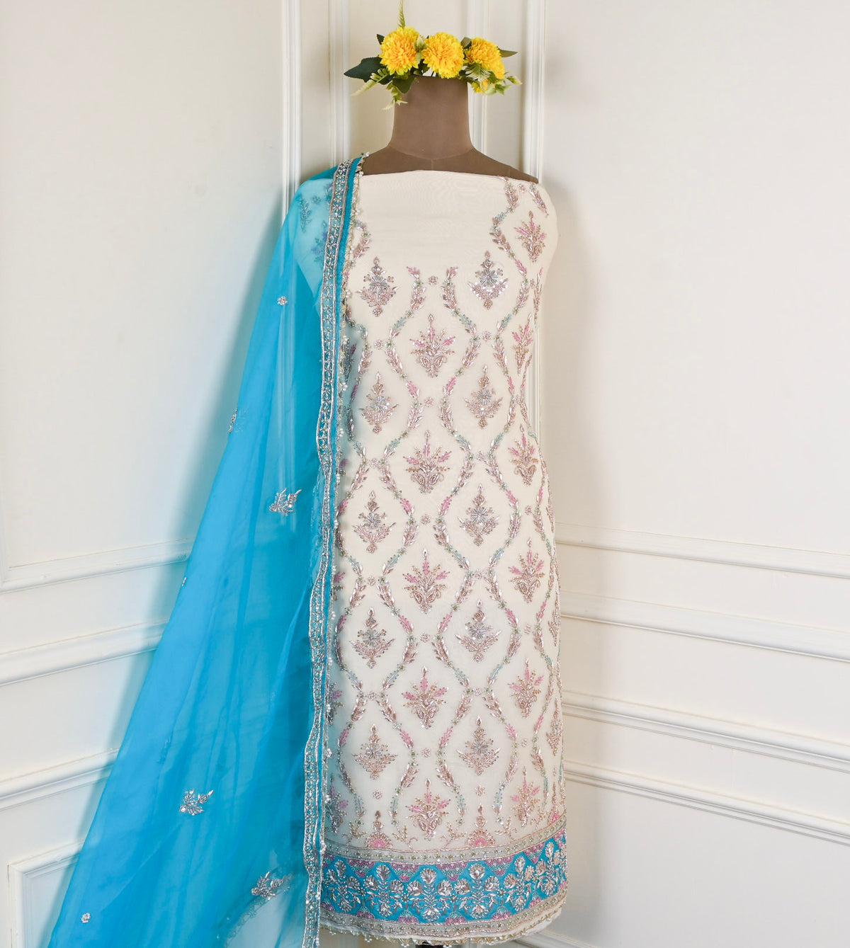 Organza Sky Blue Unstitched Suit