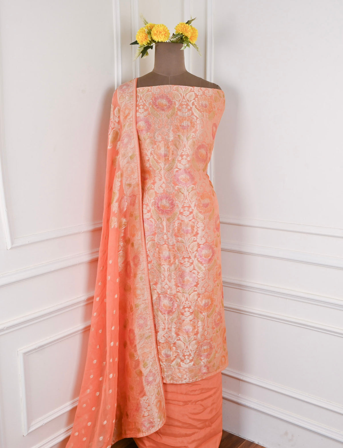 Banarasi Orange Unstitched Suit