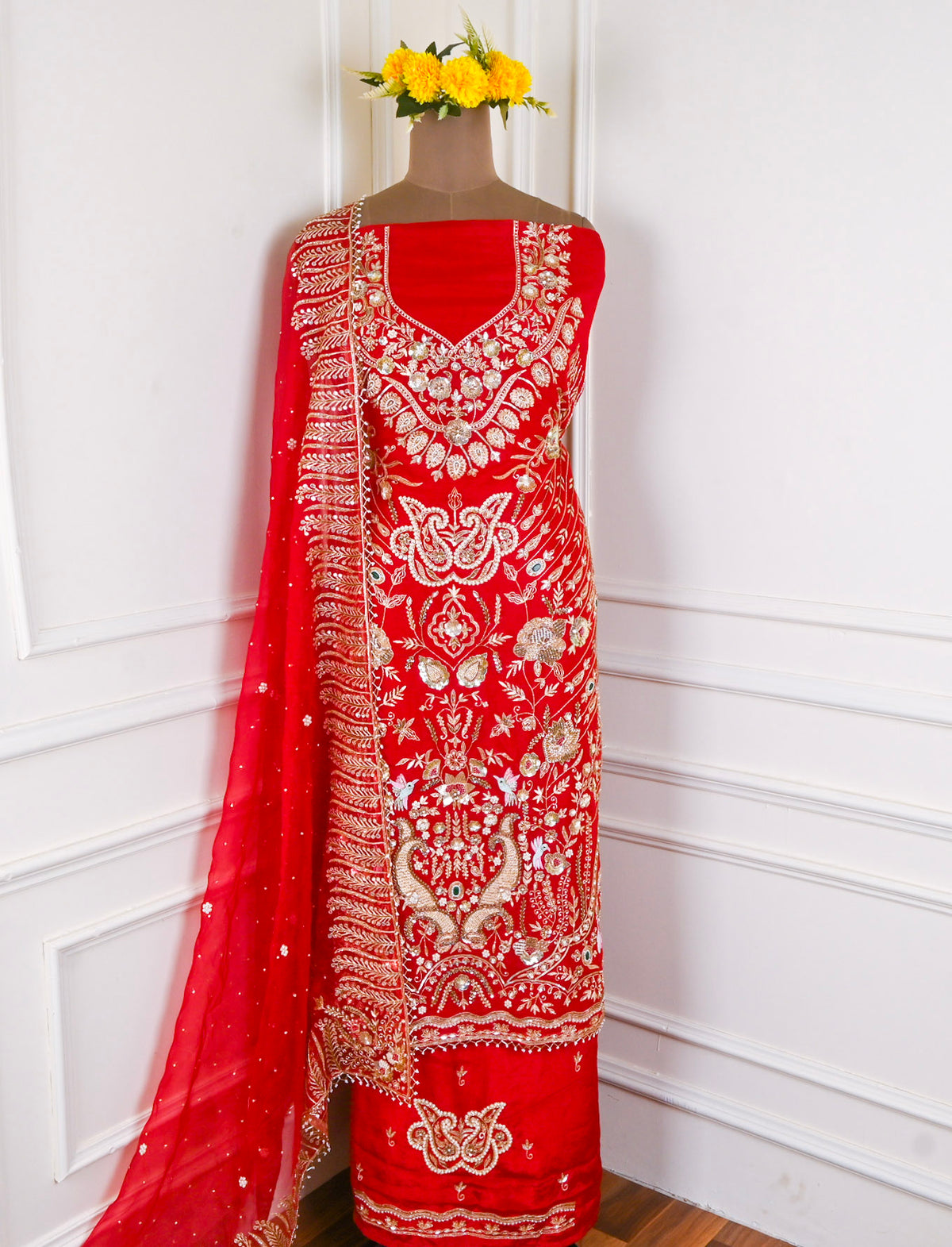 Organza Red Unstitched Suit