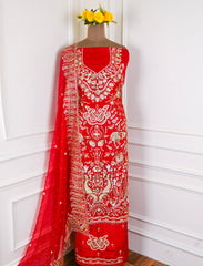 Organza Red Unstitched Suit