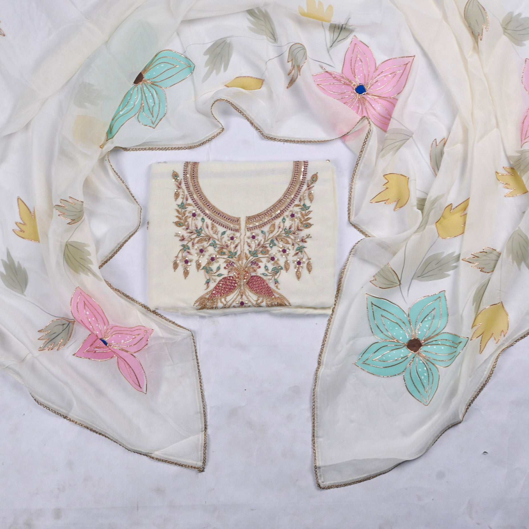 Organza White Unstitched Suit
