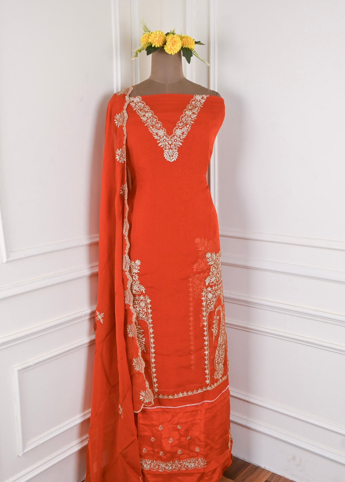 Organza Orange Unstitched Suit