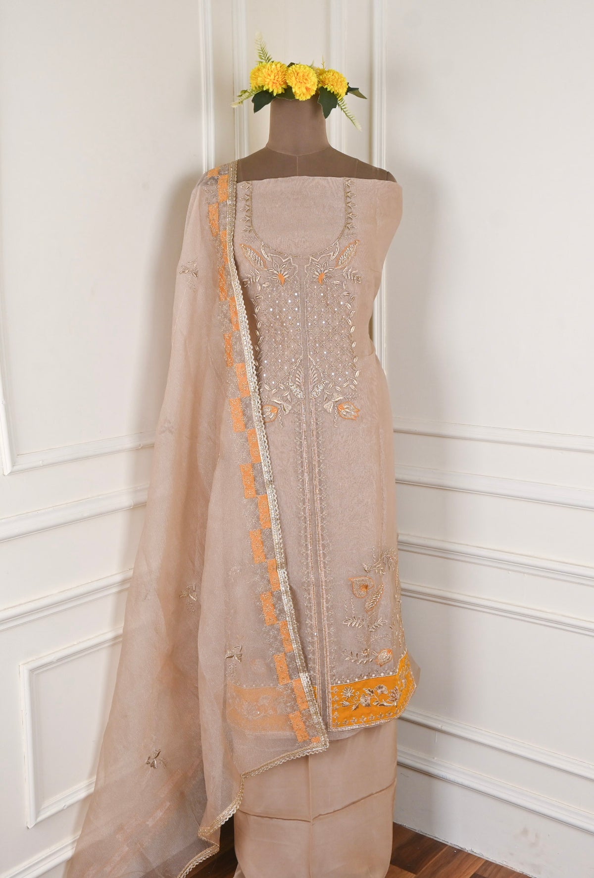 Crush Beige Yellow Unstitched Suit