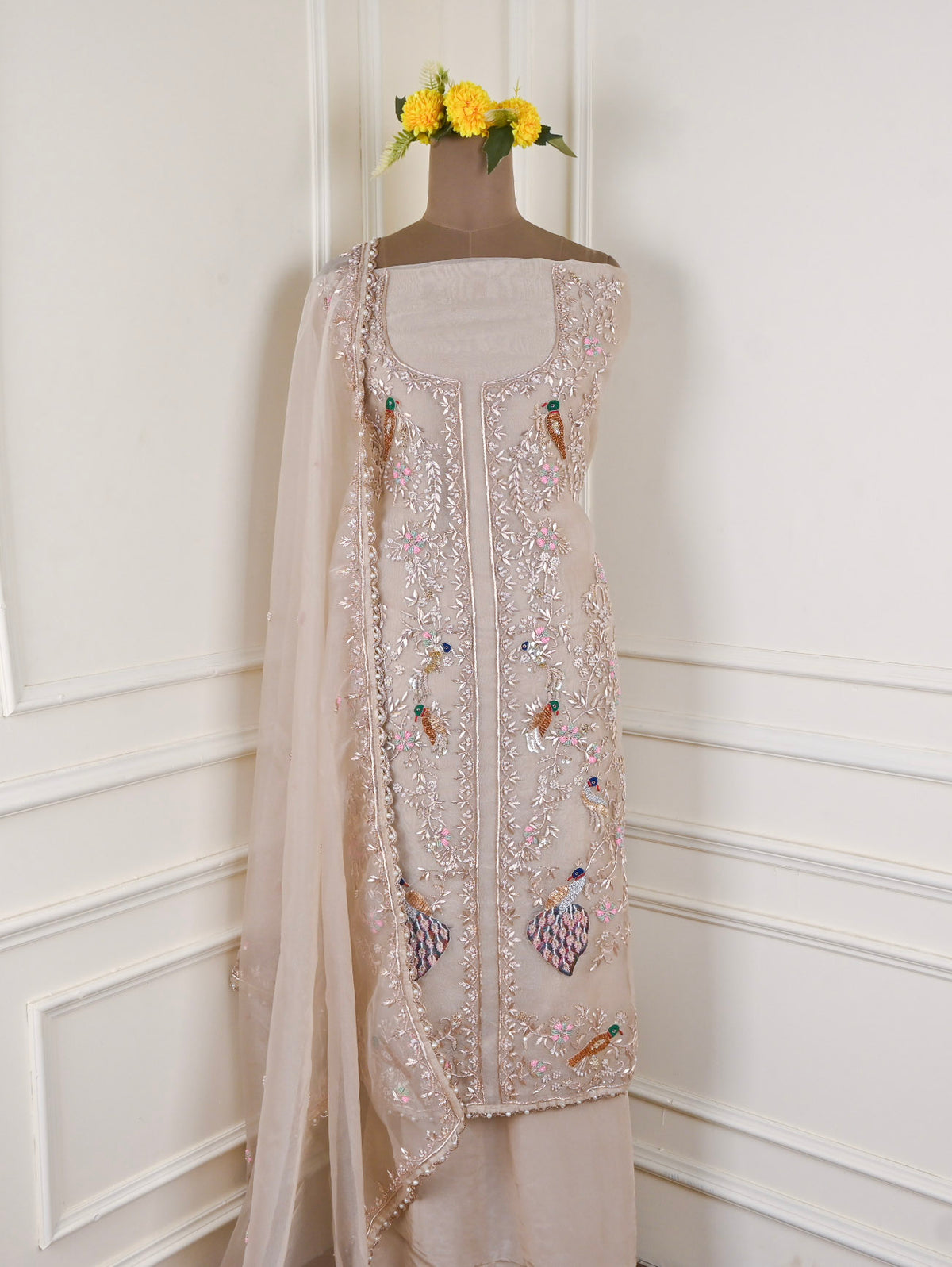Glass Organza Beige Unstitched Suit