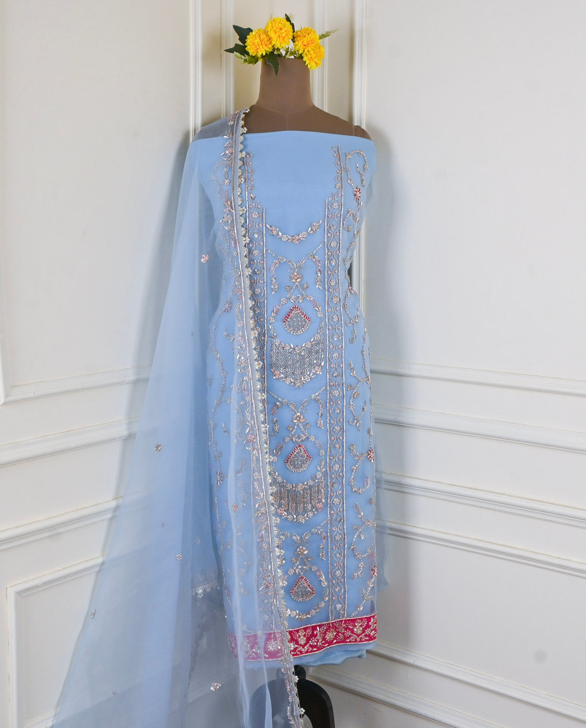Organza Powder Blue Unstitched Suit