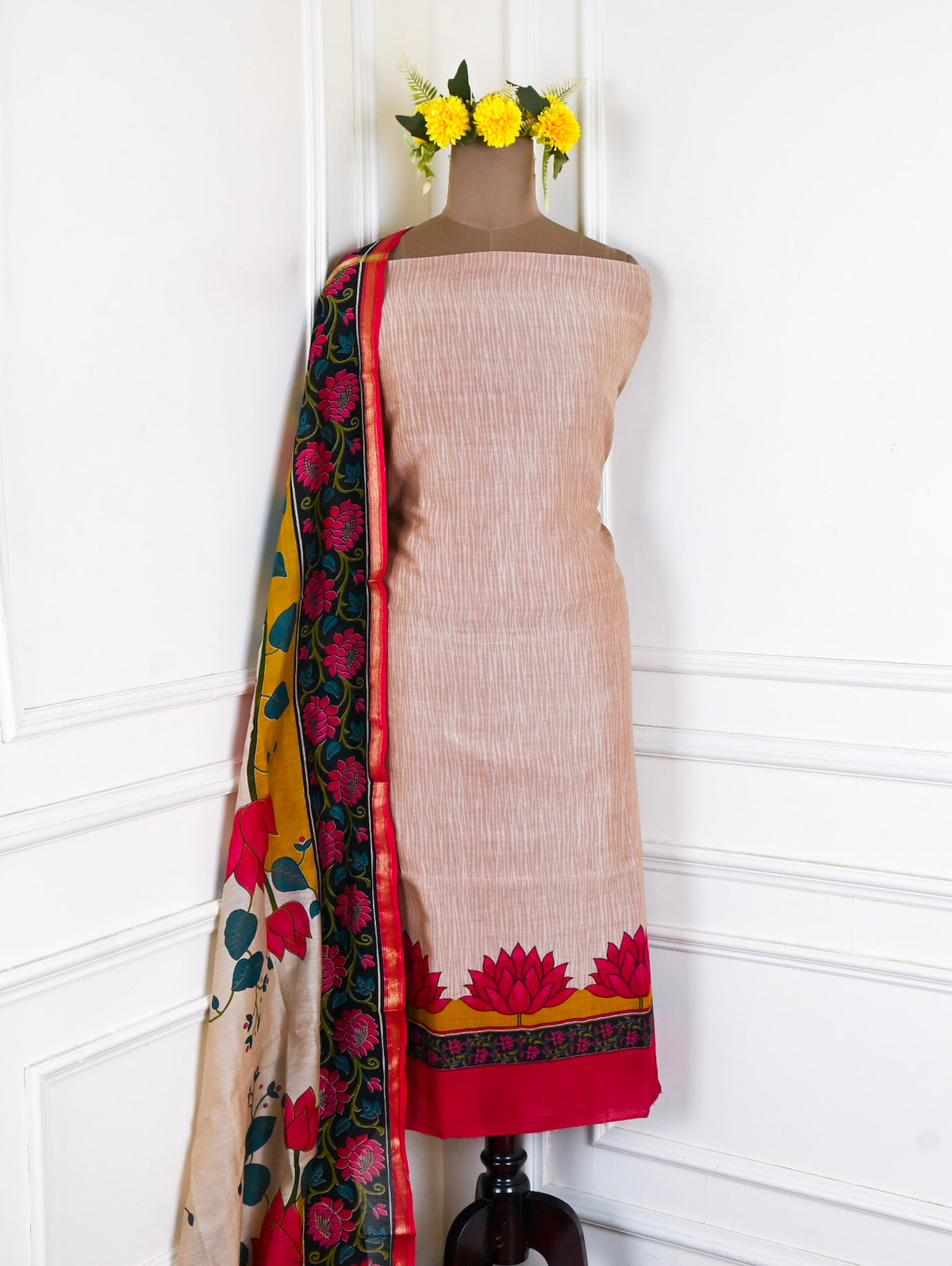 Maheshwari Cotton Beige Unstitched Suit