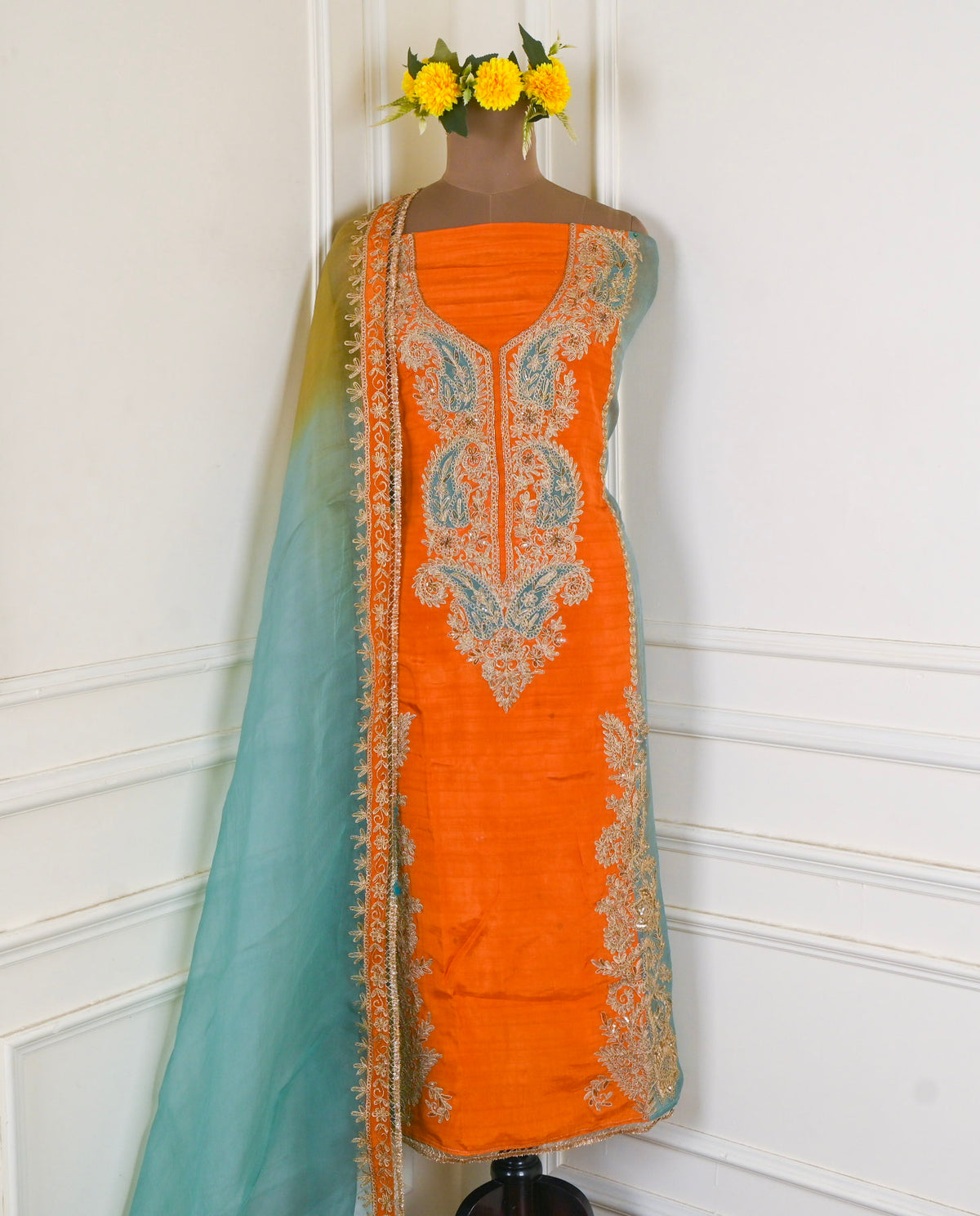 Khadi Orange Unstitched Suit