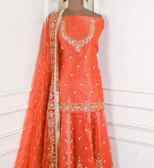 Shimmer Orange Unstitched Lehenga Suit