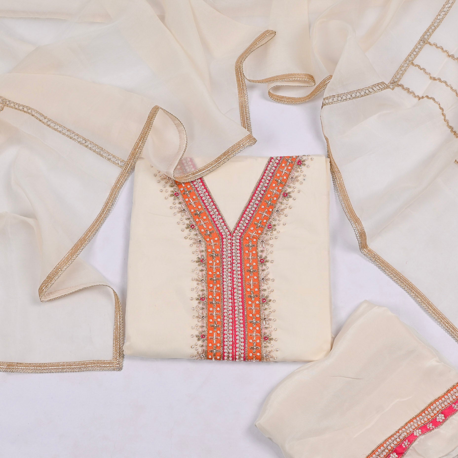 Organza White Unstitched Suit