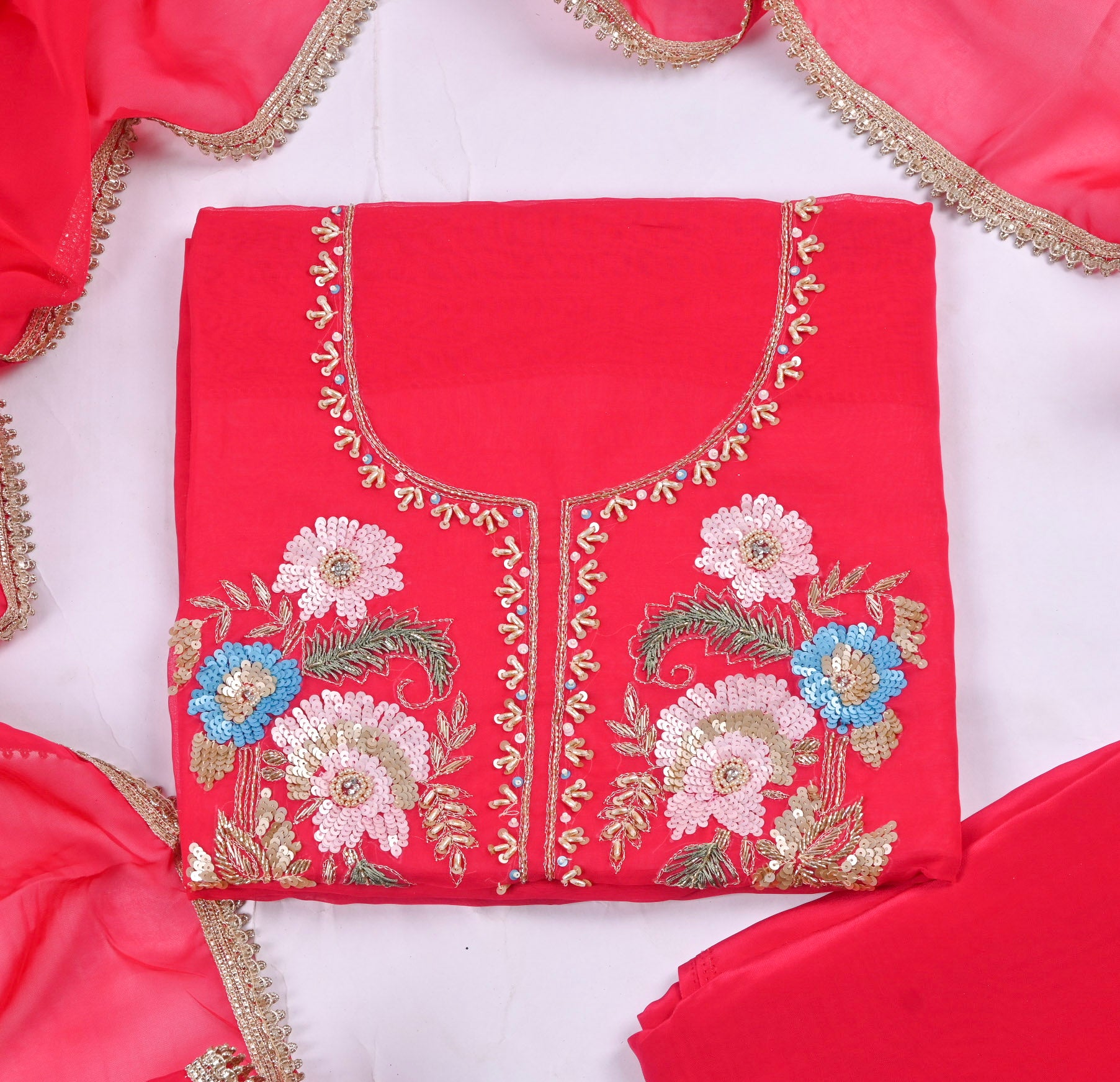 Organza Red Unstitched Suit