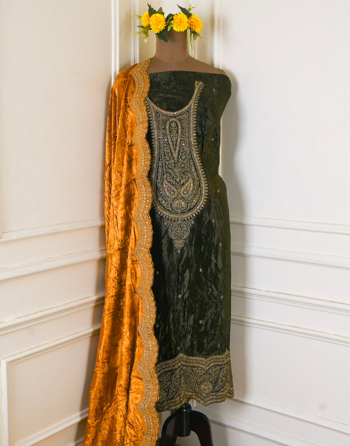 Velvet Dark Mehandi Unstitched Suit