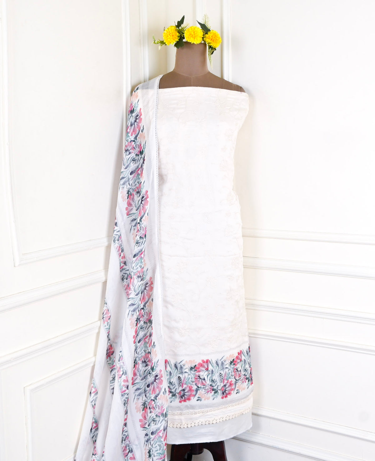 Organza White Unstitched Suit