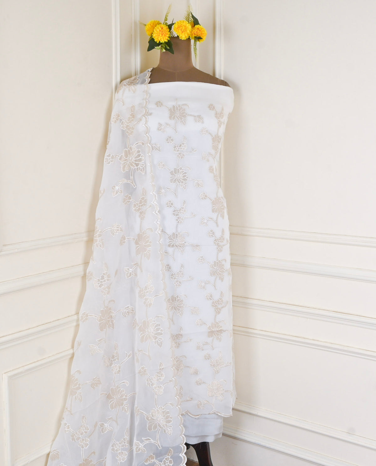 Organza White Unstitched Suit