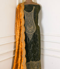 Velvet Dark Mehandi Unstitched Suit