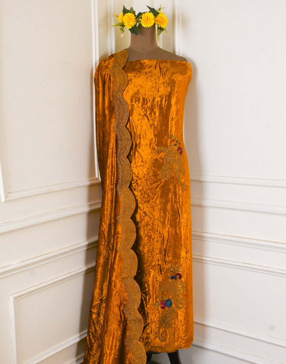 Velvet Yellow Mustard Unstitched Suit