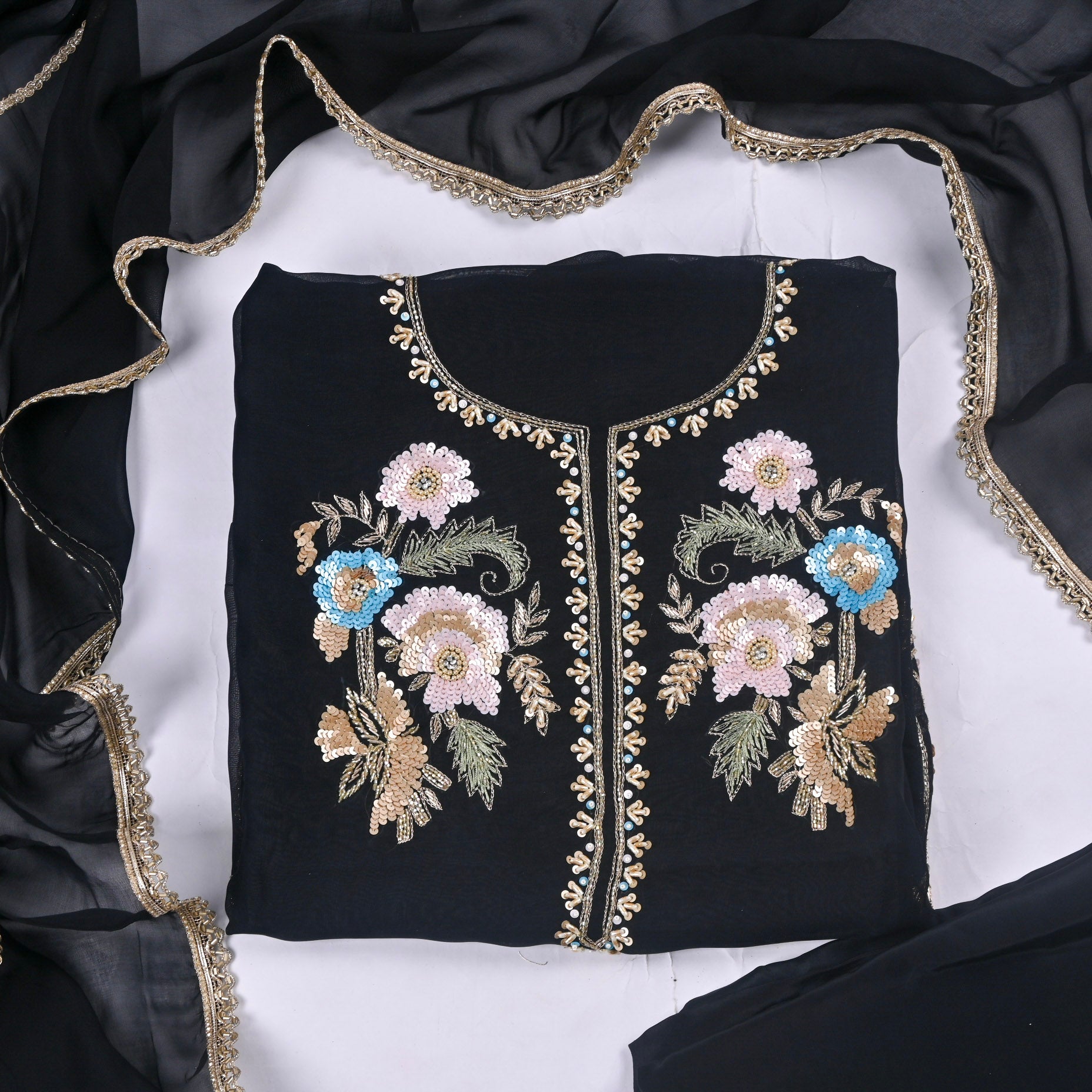 Organza Black Unstitched Suit
