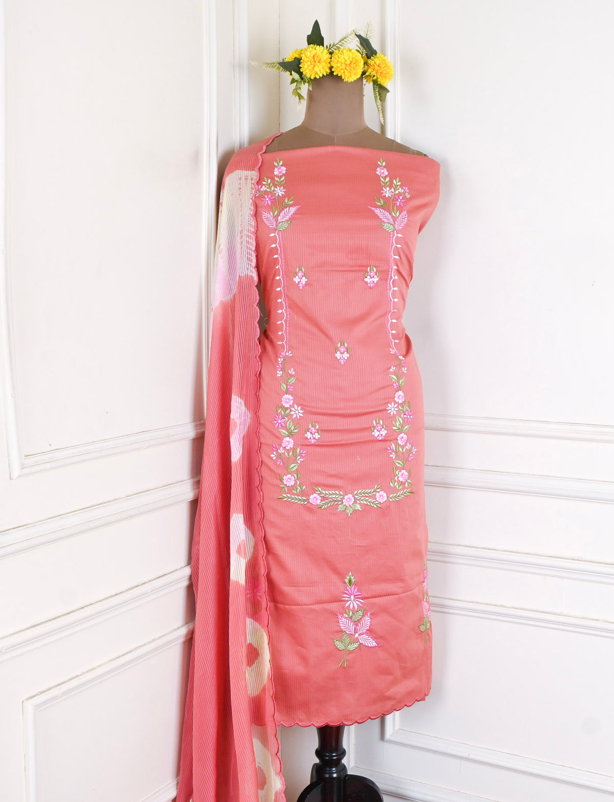 Self-Cotton Rose Peach Unstitched Suit
