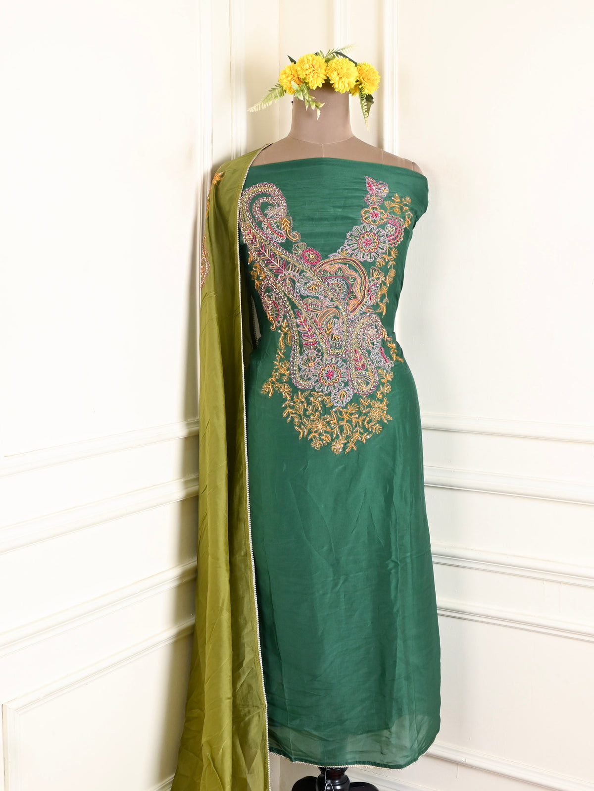 Organza Silk Green Unstitched Suit