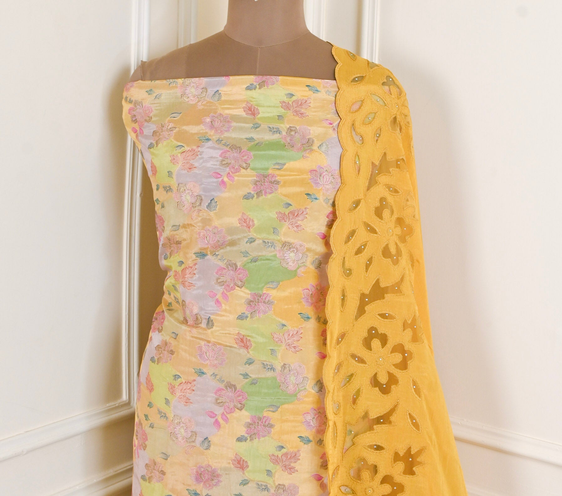 Banarasi Yellow Unstitched Suit