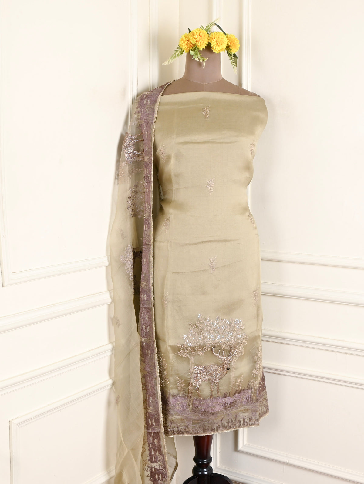 Organza Muted Beige Unstitched Suit